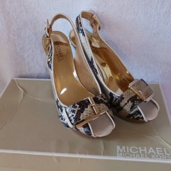 Michael Kors Niki Snake Leather Open Toe Buckle Platform Slingback Heels… - Picture 13 of 13